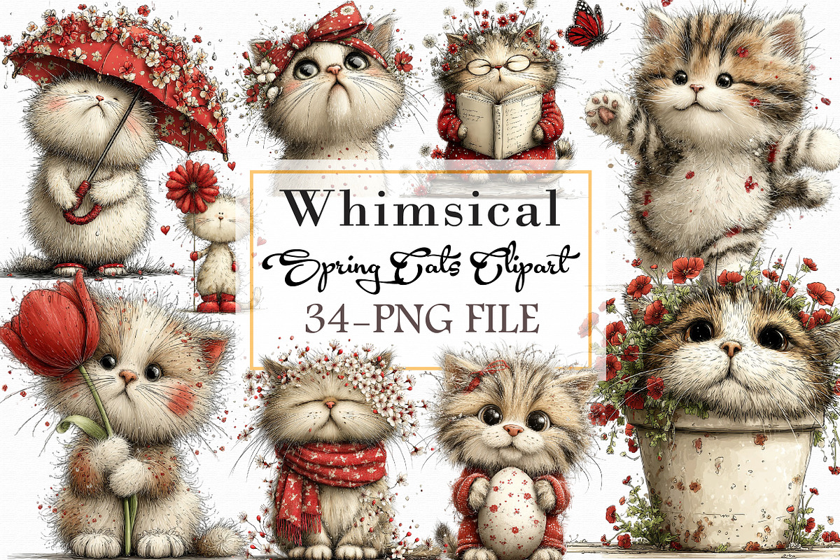 Whimsical Spring Cats Clipart, an Illustration by Libby Wishes (Photo 1 of 7)