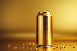 A glossy golden soda can stands tall on a shimmering golden surface, surrounded, a Background Photo by ImageMir