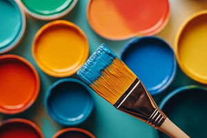 Bright paint containers and brush on colorful surface, an Abstract Photo by Natalia Klenova's Shop