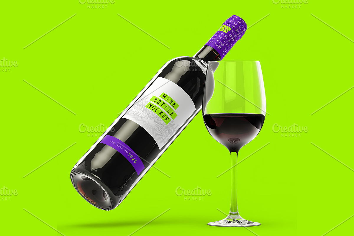 Wine Bottle & Glass Mockup PSD, a Packaging Mockup by LESZ Design (Photo 2 of 3)
