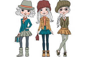 Vector Set Cute Fashion Hipster Girl