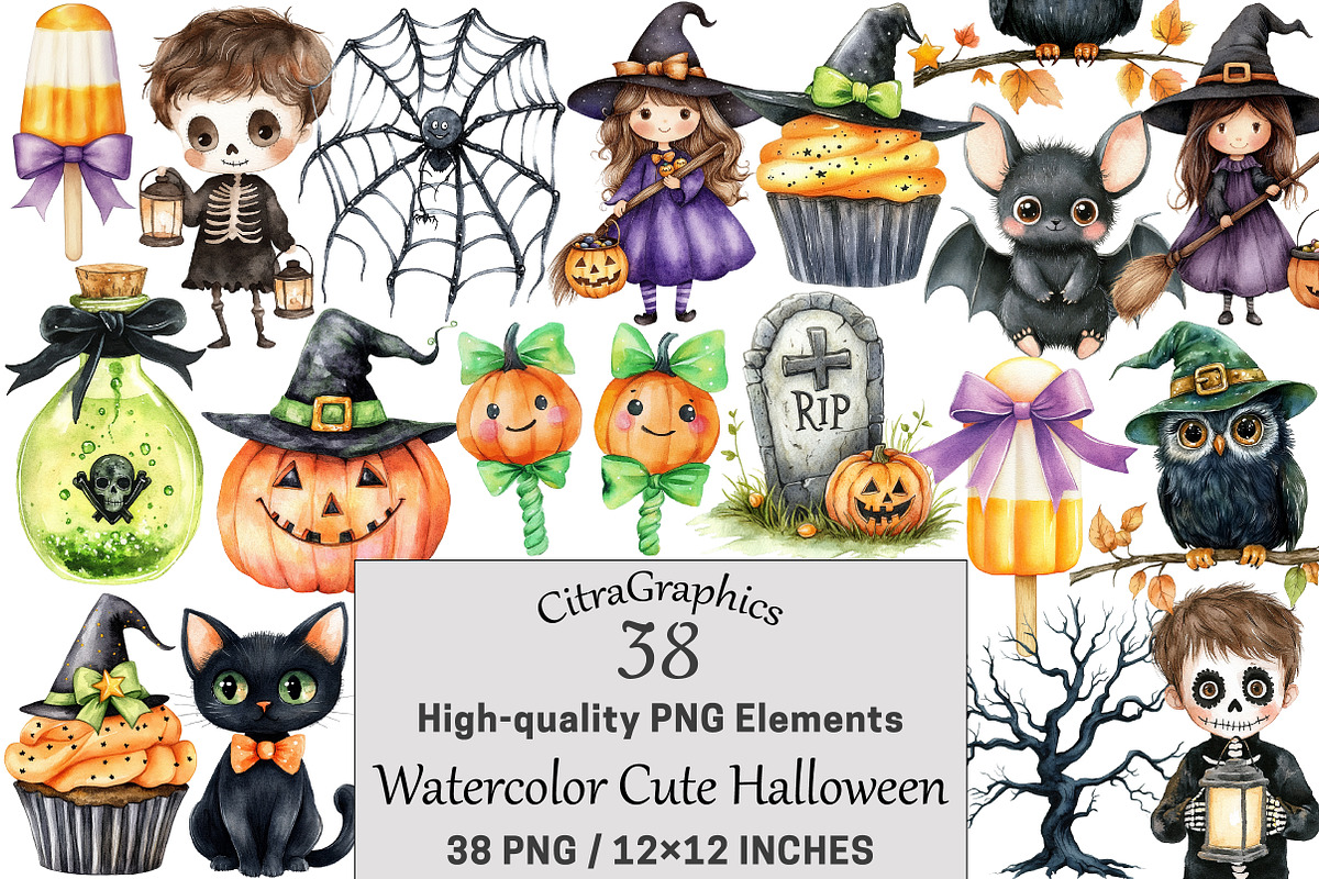 Watercolor Cute Halloween Clipart, a Seasonal Illustration by CitraGraphics (Photo 1 of 7)
