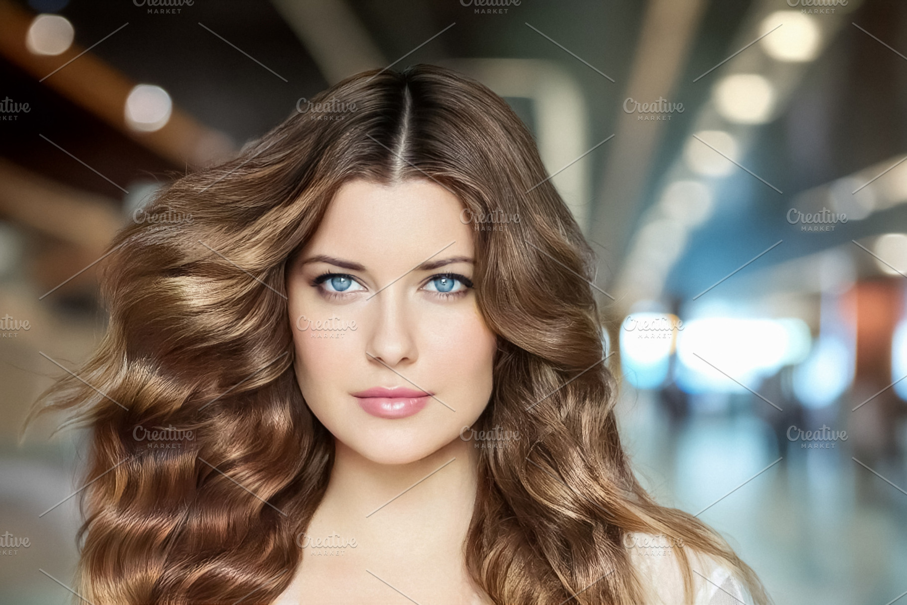 Young woman with luxurious wavy brown hair and sparkling blue ey, a Person Photo by Studio ANNA