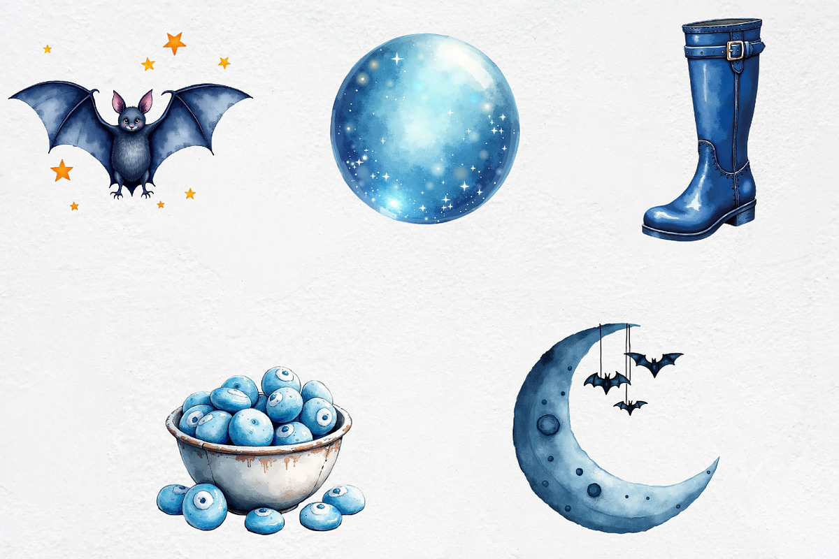 Watercolor Blue Halloween Clipart, an Illustration by CrexoraLab (Photo 2 of 5)