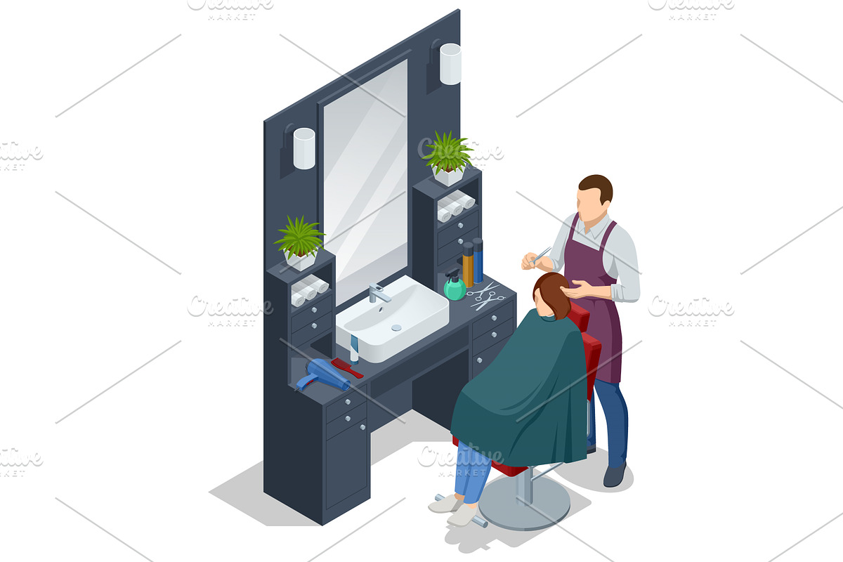 Isometric a barber cuts a customer's, an Object Illustration by Golden Sikorka