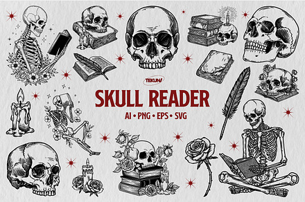 Skull Reader Illustration Bundle, an Illustration by Tekuni