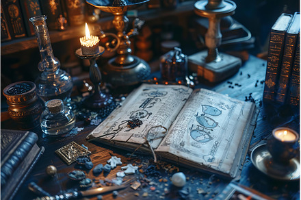 Open spell book lying on alchemist's, a Background Photo by Ylivdesign
