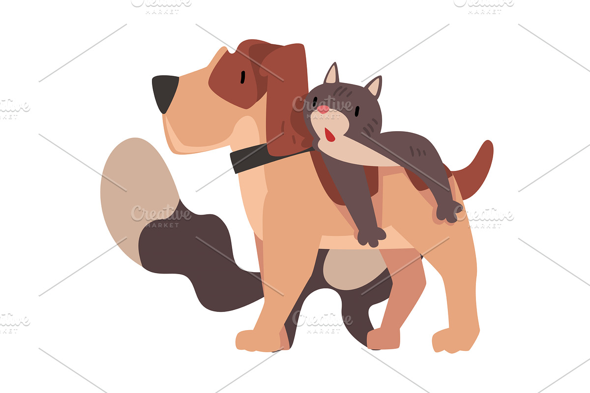 Funny Cat Lying on the Dog, Happy, an Animal Illustration by TopVectors