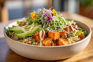 Colorful quinoa bowl with roasted sweet potatoes and avocado, a Food & Drink Photo by AlyaAnd