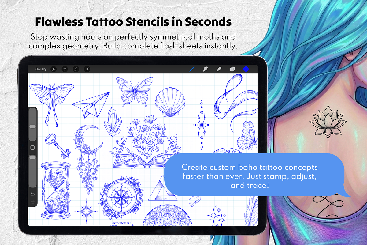 250 Floral Tattoo Procreate Stamps, a Brush Add-On by Selentaori Studio (Photo 5 of 11)
