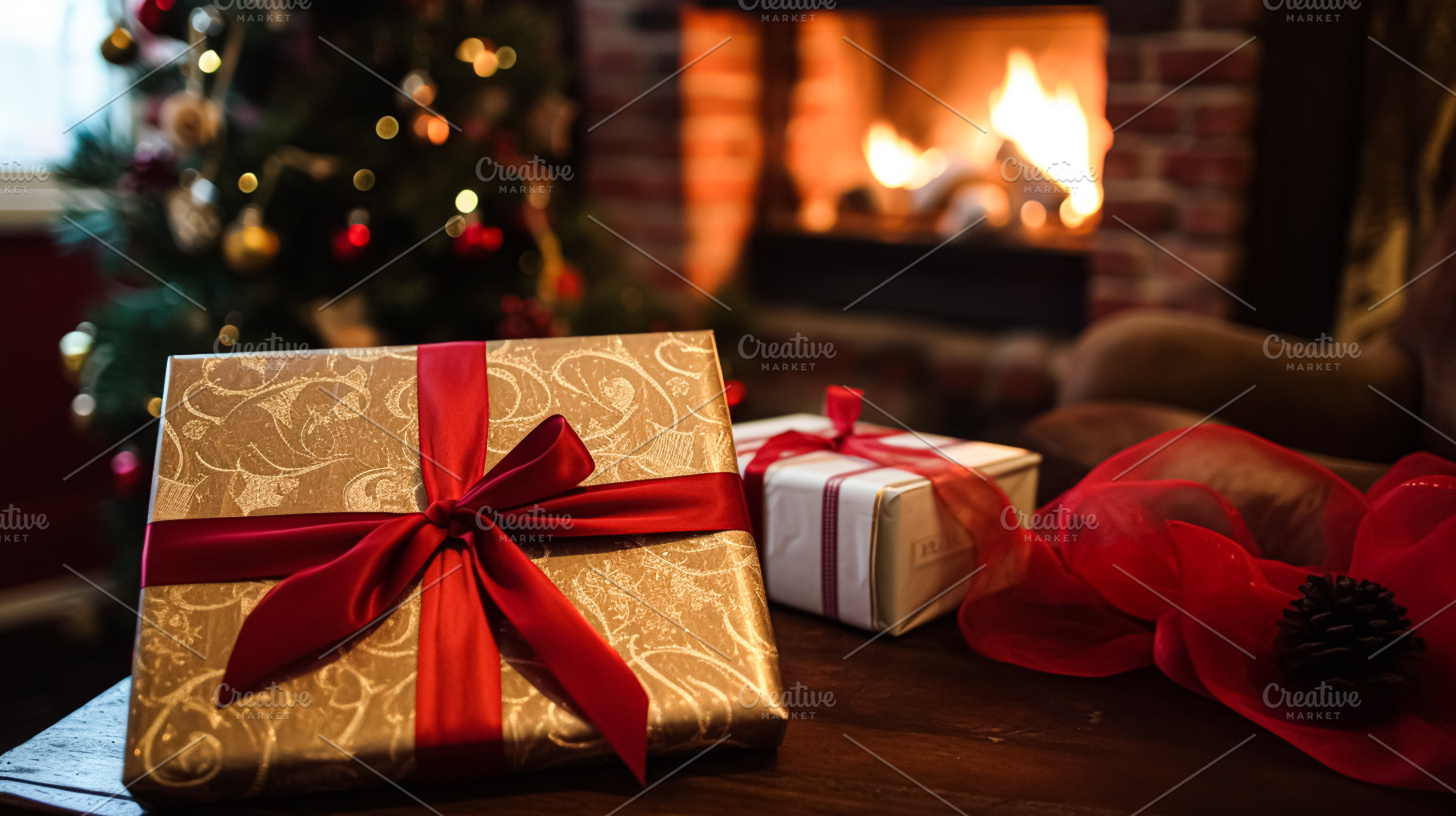 Christmas gift box near cosy fireplace in the English country co, a Photo by Anneleven