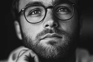 A close-up cognitive psychologist portrait of a young man with glasses, deep in, a Person Photo by Textures & Backgrounds