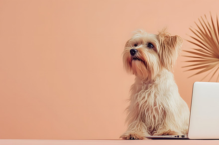 small dog with laptop, an Animal Photo by OlgaPilnik
