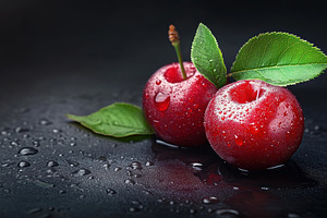 Fresh cherries glistening with water, a Photo by Tanuart