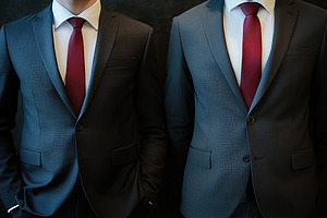 Two individuals in smart suits converse about job opportunities and workplace s, a Business Photo by AlyaAnd