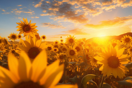 Sunflower field banner. Beautiful panoramic view of a field of sunflowers in th, an Abstract Photo by Natalia Klenova's Shop
