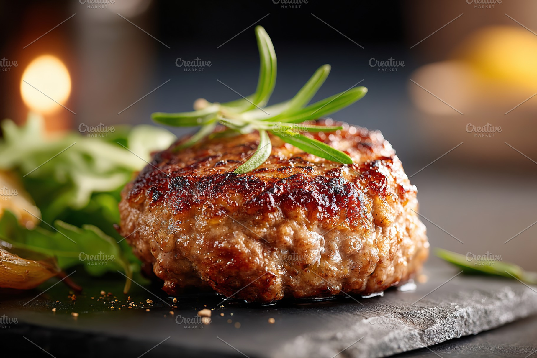 Juicy patty served on a slate plate with fresh herbs and greens, a Food & Drink Photo by AlyaAnd
