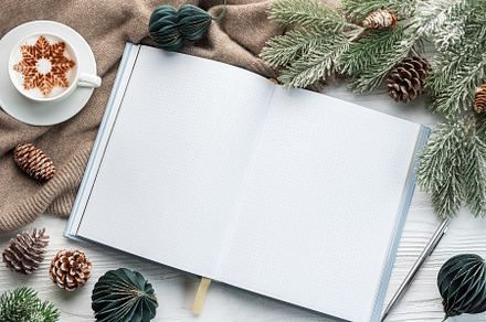 Cup of Coffee,  blank notepad and  christmas decorations, a Holiday Photo by Olena Rudo