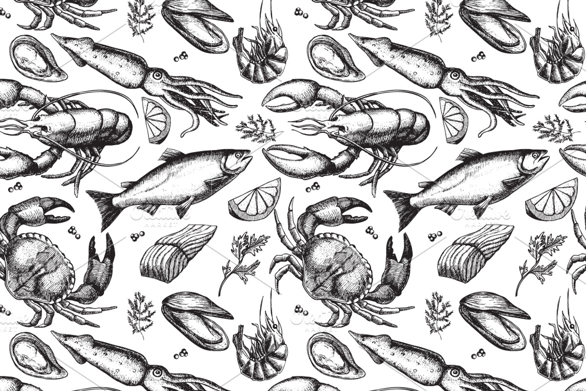 Seafood. Hand Drawn Vintage Set, a Background Graphic by Epine (Photo 4 of 5)