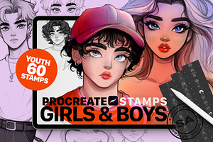 120 Procreate Stamps Girls & Boys, a Shape Add-On by Spasibenko Art