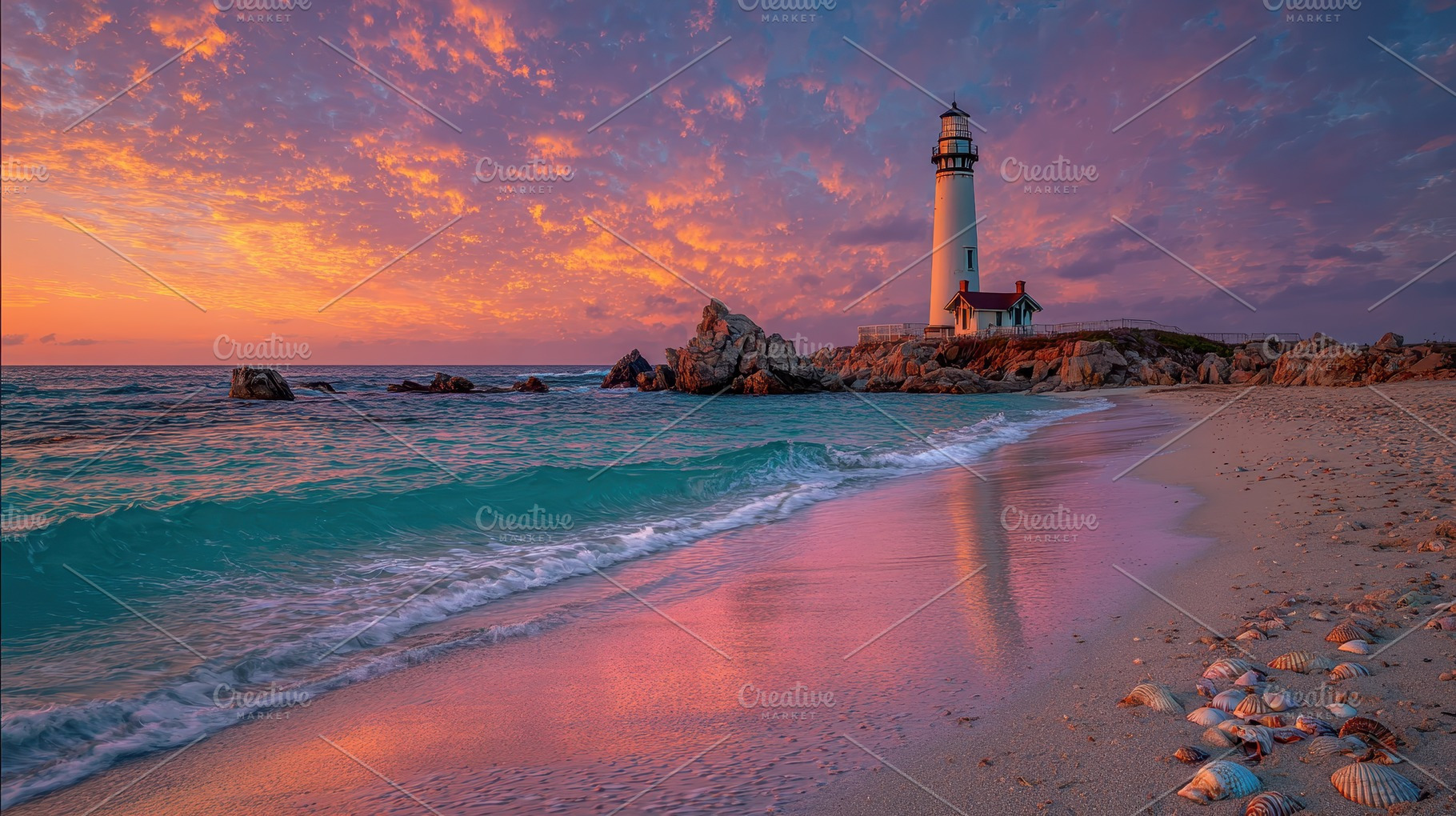 Lighthouse Sunset Seascape Stunning, a Photo by Pixeness Studio