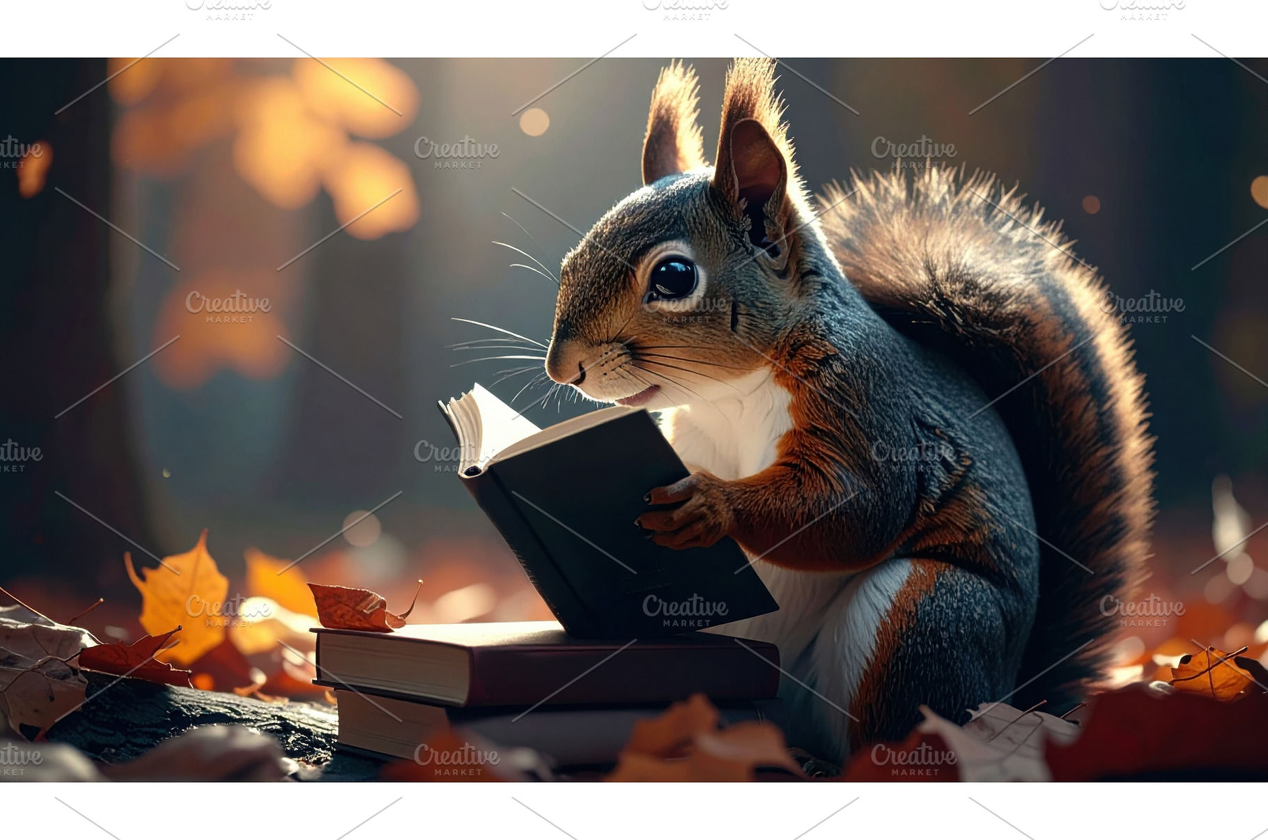 Cute squirrel reading a book in the, a School & Education Photo by Igor Tichonow
