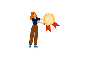 Woman holding golden award badge, a Person Illustration by pikepicture