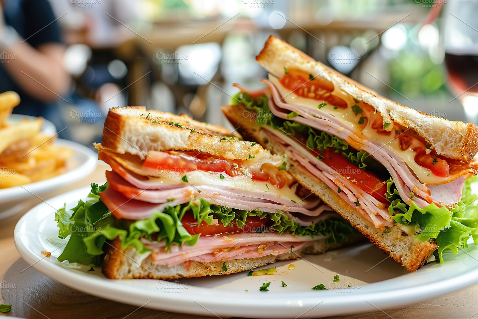 Toast sandwich with cheese, turkey ham, tomato and fresh lettuce on wooden back, a Food & Drink Photo by AlyaAnd