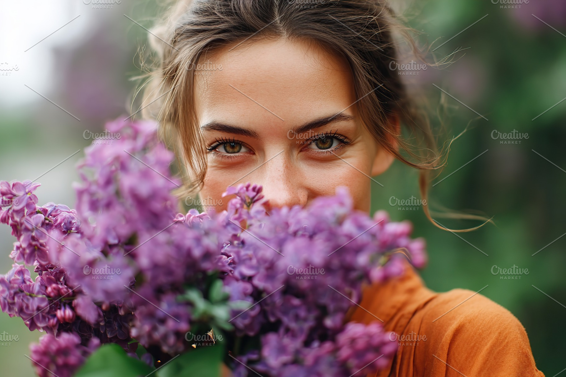 A young woman joyfully embraces vibrant lilac flowers while standing in a sunli, a Nature Photo by AlyaAnd