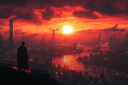 Silhouetted figure gazes over a vibr, a Photo by Tanuart