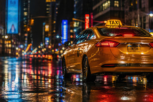 Nighttime taxi in busy city street, a Photo by Beautiful things