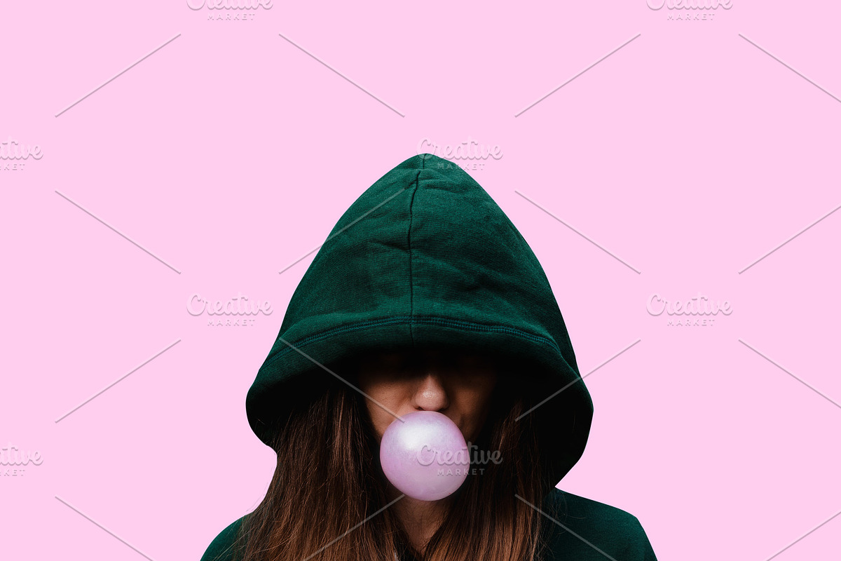 girl inflates chewing gum. bubble of, a Social Media Template by My world is my eyes (Photo 2 of 2)