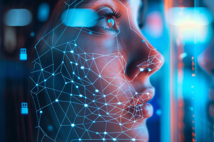 Woman face with digital grid pattern on dark blue background, au, a Photo by Dvoevnore photos
