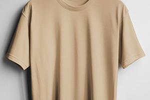 Beige T-Shirt Hanging on Wooden Hanger, an Abstract Photo by Natalia Klenova's Shop