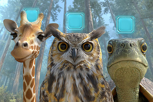 Different animals in a forest setting: a giraffe, an owl, and a turtle gather t, a Photo by AlyaAnd