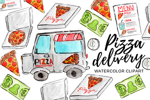 Watercolor pizza delivery clipart