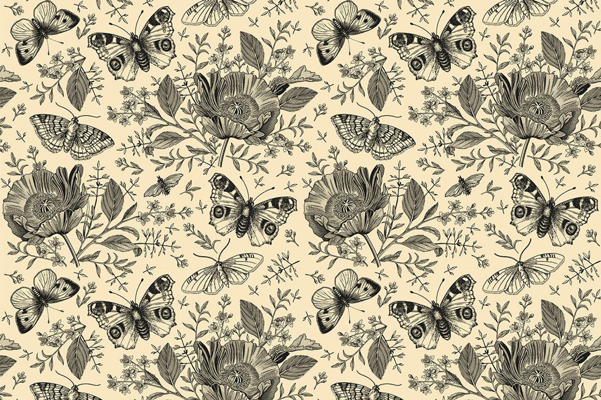 Seamless Butterflies Poppy Poppies, a Pattern Graphic by Vintage (Photo 6 of 13)