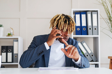 Business call man suit phone gesticulating office, a Business Photo by Photo Drive Studio