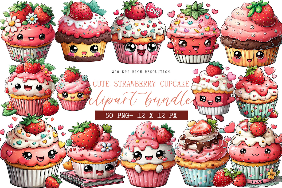 Cute Strawberry Cupcake Clipart, an Illustration by DreamArtGraphic (Photo 1 of 4)