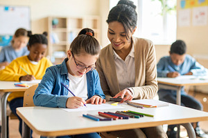 Young teacher with down syndrome girl at classroom, a School & Education Photo by DanFLCreativo
