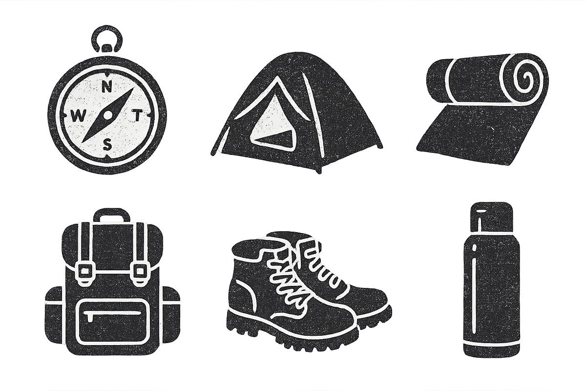 Camping gear icons set featuring com, an Illustration by Dvoevnore photos