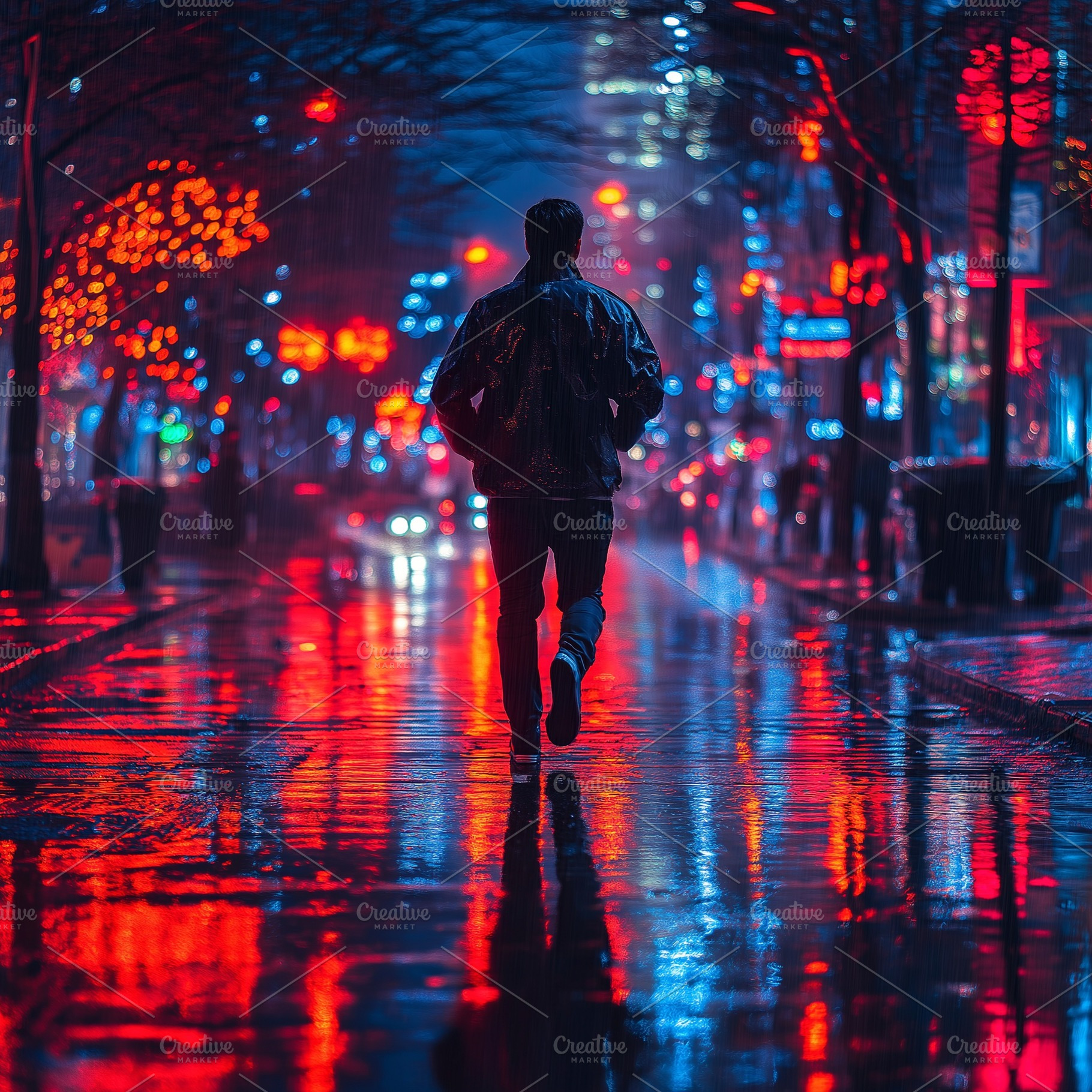 A young Asian male jogger runs through a rainy, neon-lit city street, reflectin, a Background Photo by ImageMir