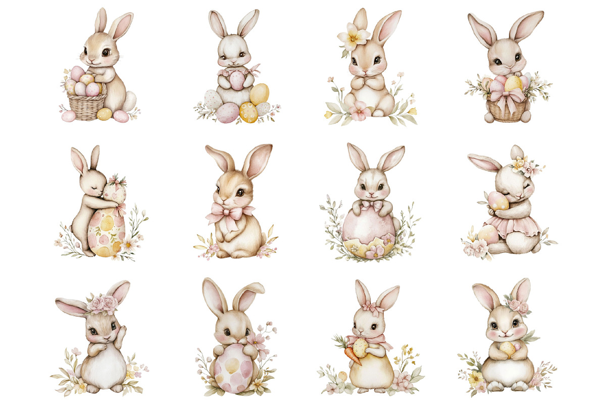 Watercolor Easter Bunnies Clipart, an Illustration by Designking (Photo 2 of 5)