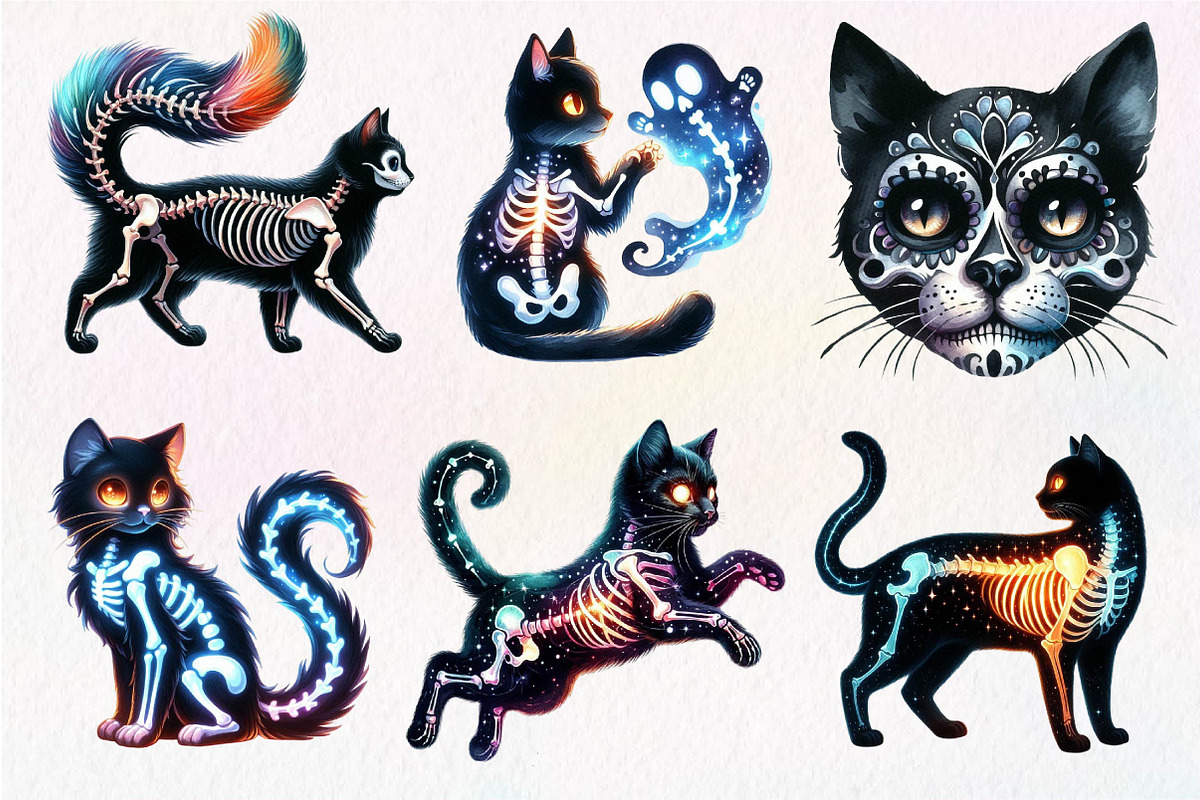 Skeleton Black Cat Clipart PNG, an Illustration by Dream Creation (Photo 2 of 6)