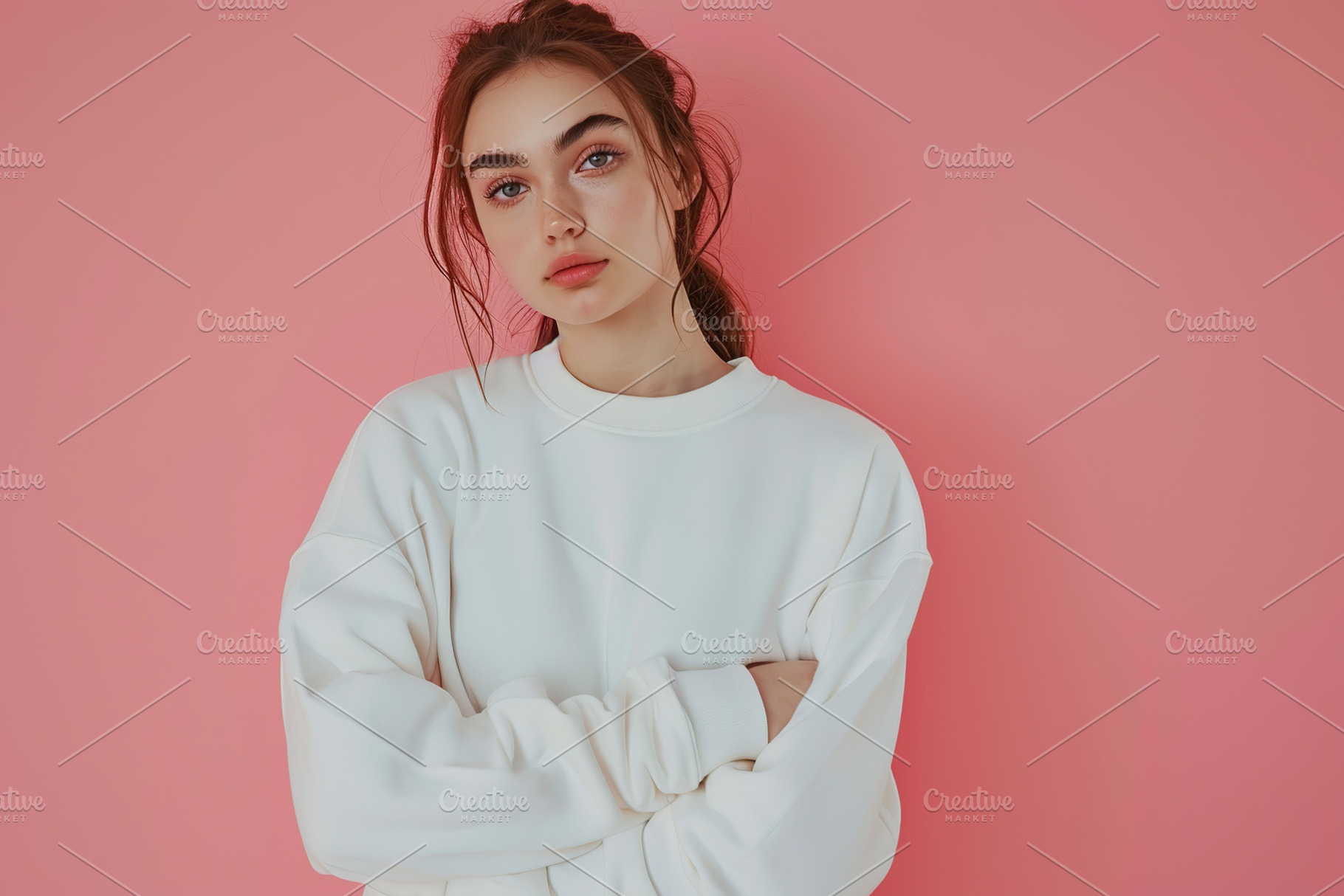 Young pretty woman in sweatshirt on pink background, a Beauty & Fashion Photo by AlyaAnd