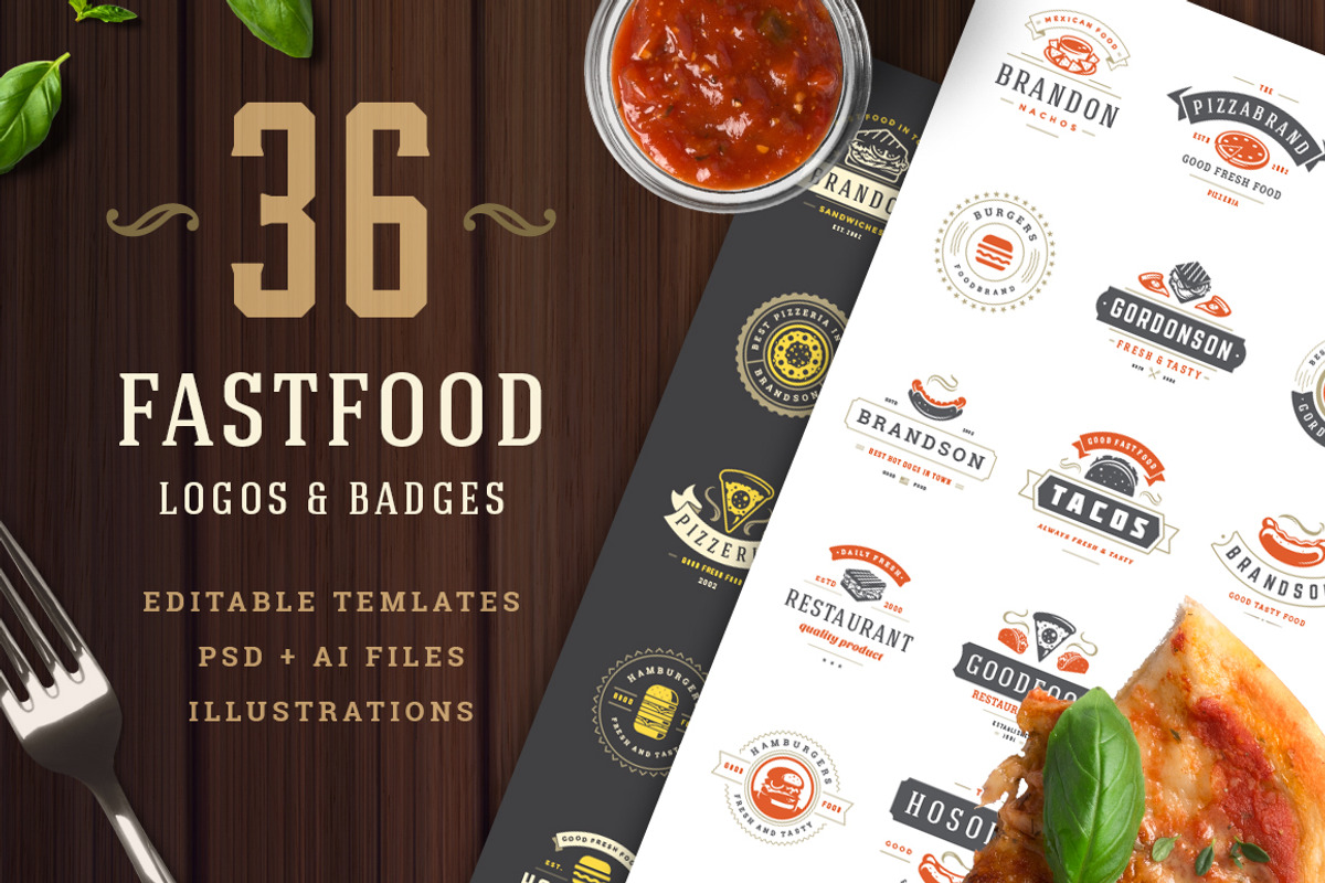 36 Fast Food Logos and Badges, a Branding & Logo Template by Vasya Kobelev (Photo 1 of 18)