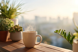 Enjoying a warm cup of tea on the balcony with a breathtaking morning view, a Food & Drink Photo by AlyaAnd