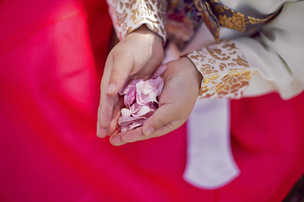 Korean girl child in a national costume walks in a garden with cherry blossoms, a Person Photo by SaulichPhoto