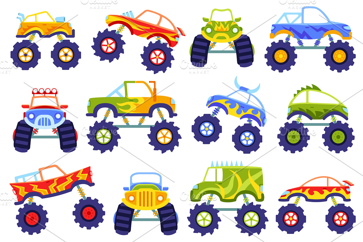 Cartoon monster trucks. Kids cars, a Transportation Illustration by winwin.art