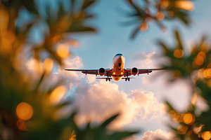Airplane gliding over treetops during a bright sunset sky, a Photo by AlyaAnd